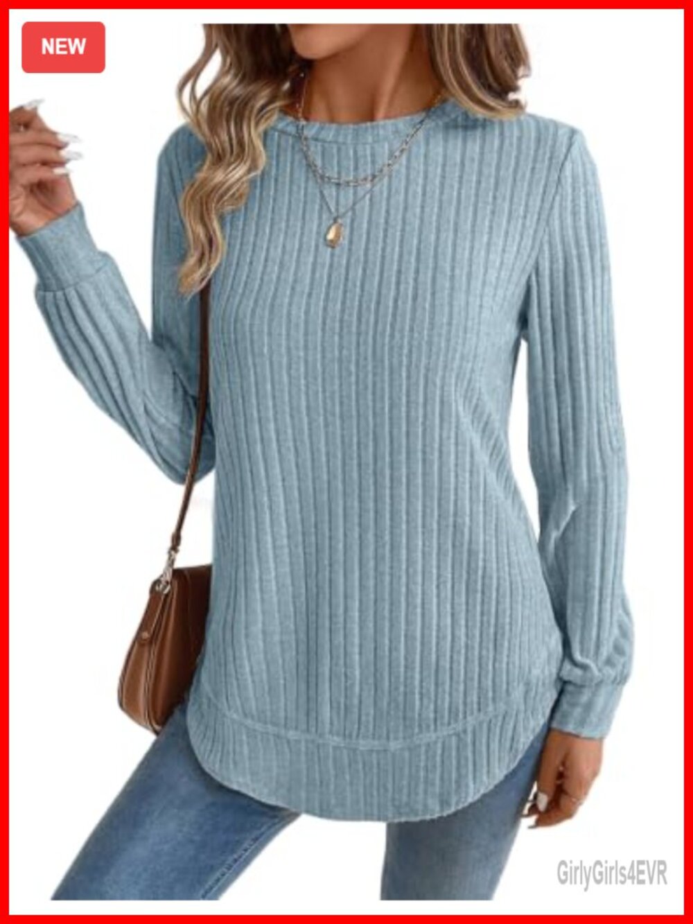 Womens Long Sleeve Tunic Sweater Crew Neck Ribbed Knit Curved Hem Pullover
